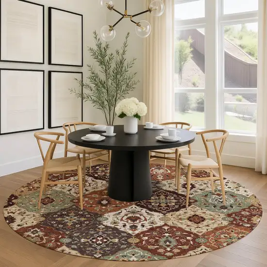 8' Chili Red Beige And Copper Round Floral Medallion Washable Indoor Outdoor Area Rug Photo 9