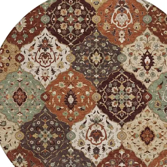 8' Chili Red Beige And Copper Round Floral Medallion Washable Indoor Outdoor Area Rug Photo 7