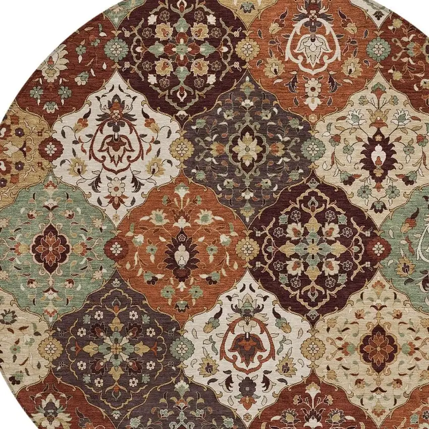 8' Chili Red Beige And Copper Round Floral Medallion Washable Indoor Outdoor Area Rug Photo 7