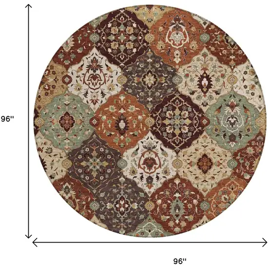 8' Chili Red Beige And Copper Round Floral Medallion Washable Indoor Outdoor Area Rug Photo 3