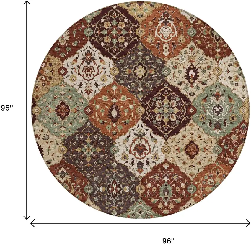 8' Chili Red Beige And Copper Round Floral Medallion Washable Indoor Outdoor Area Rug Photo 3