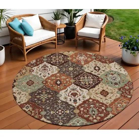8' Chili Red Beige And Copper Round Floral Medallion Washable Indoor Outdoor Area Rug Photo 1