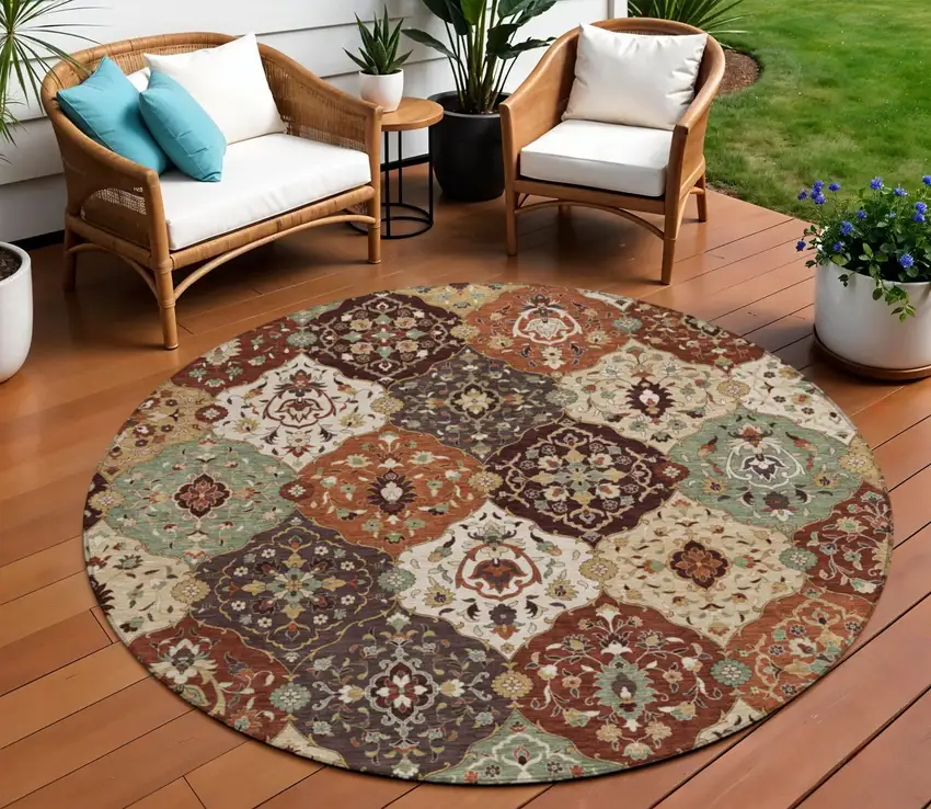 8' Chili Red Beige And Copper Round Floral Medallion Washable Indoor Outdoor Area Rug Photo 1