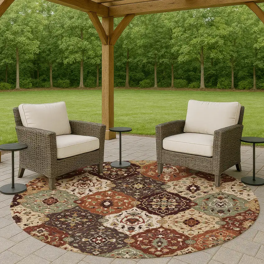 8' Chili Red Beige And Copper Round Floral Medallion Washable Indoor Outdoor Area Rug Photo 9