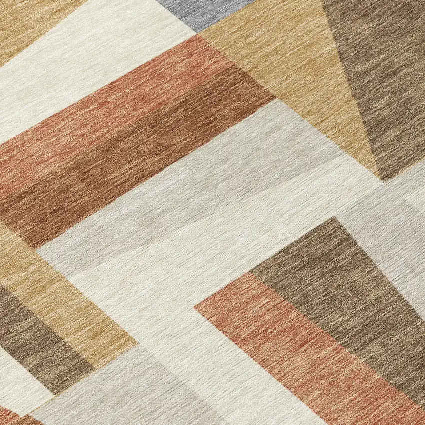 8' Chili Red Beige And Gray Round Geometric Washable Indoor Outdoor Area Rug Photo 9