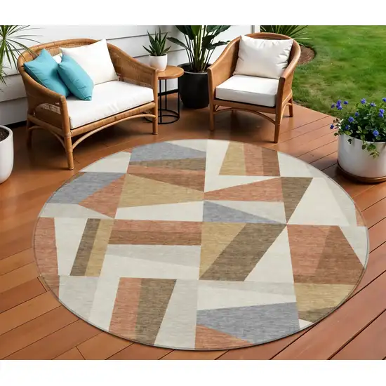 8' Chili Red Beige And Gray Round Geometric Washable Indoor Outdoor Area Rug Photo 1
