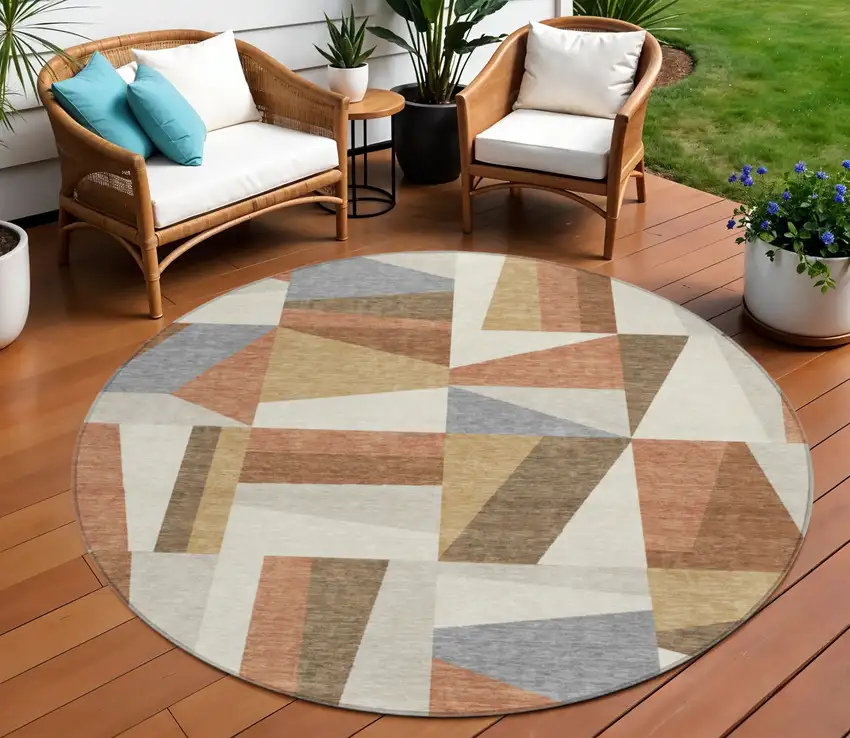 8' Chili Red Beige And Gray Round Geometric Washable Indoor Outdoor Area Rug Photo 1