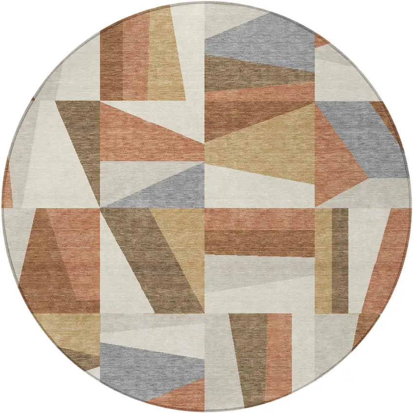 8' Chili Red Beige And Gray Round Geometric Washable Indoor Outdoor Area Rug Photo 4