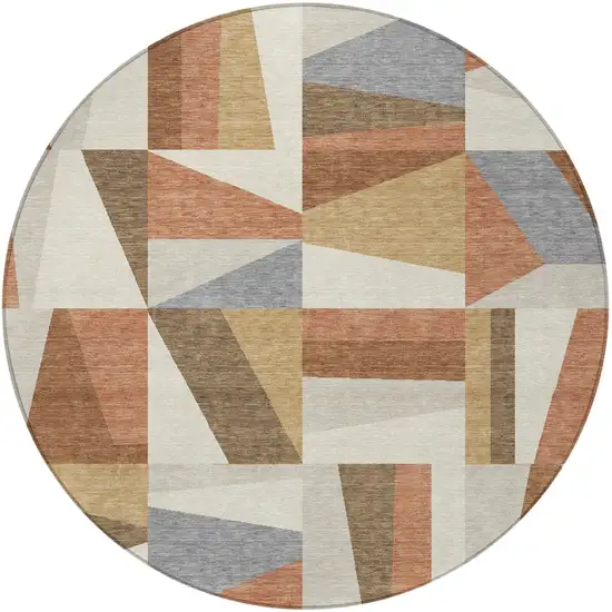 8' Chili Red Beige And Gray Round Geometric Washable Indoor Outdoor Area Rug Photo 4