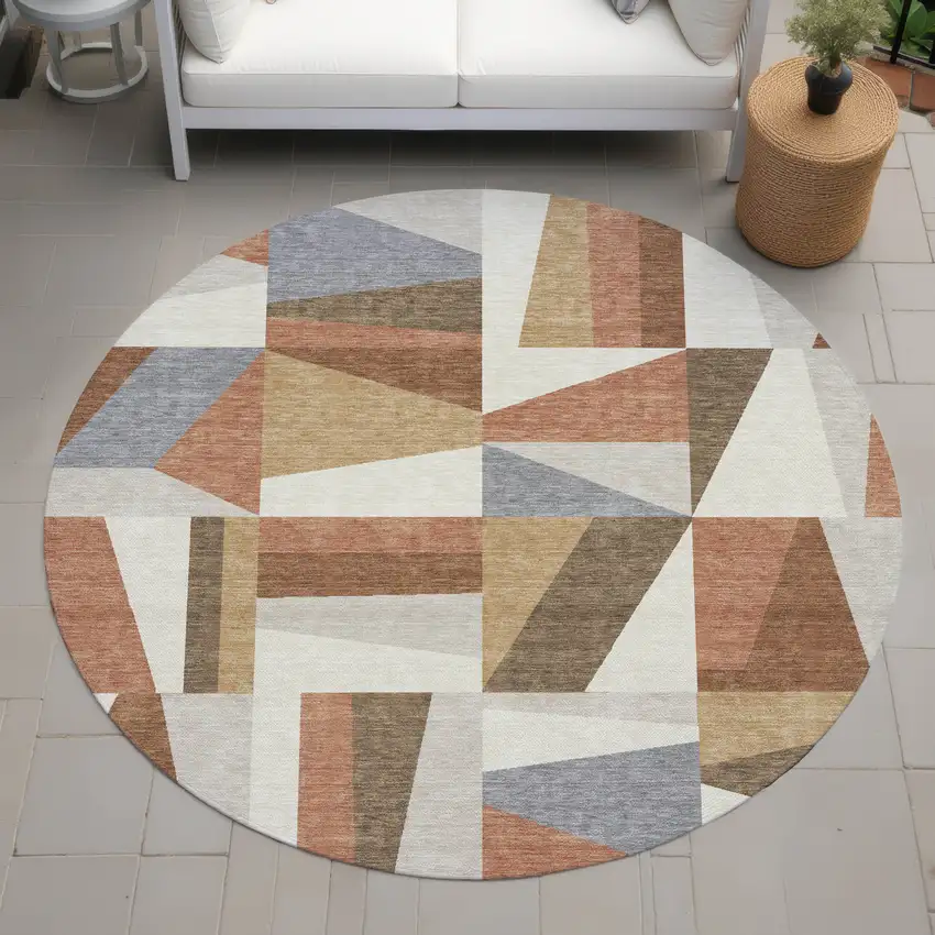 8' Chili Red Beige And Gray Round Geometric Washable Indoor Outdoor Area Rug Photo 7