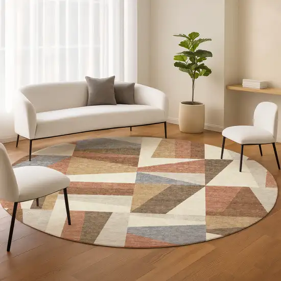 8' Chili Red Beige And Gray Round Geometric Washable Indoor Outdoor Area Rug Photo 8
