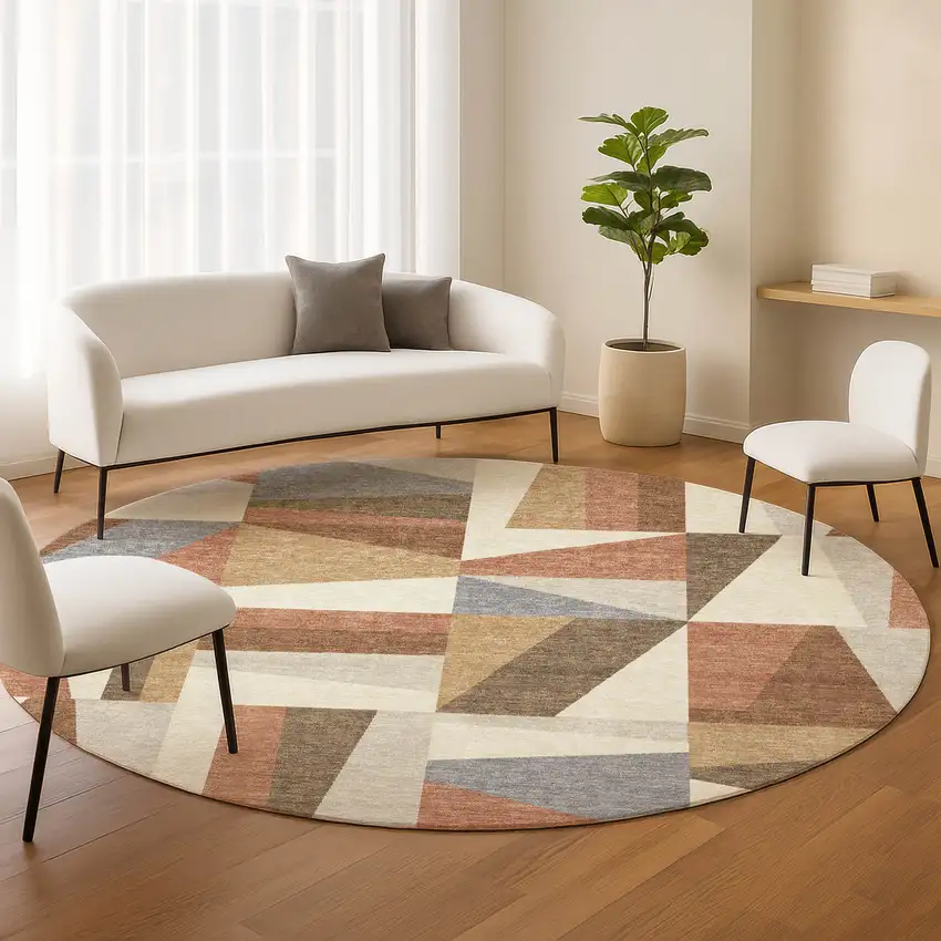 8' Chili Red Beige And Gray Round Geometric Washable Indoor Outdoor Area Rug Photo 8