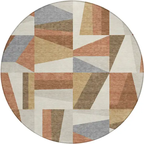 8' Chili Red Beige And Gray Round Geometric Washable Indoor Outdoor Area Rug Photo 2
