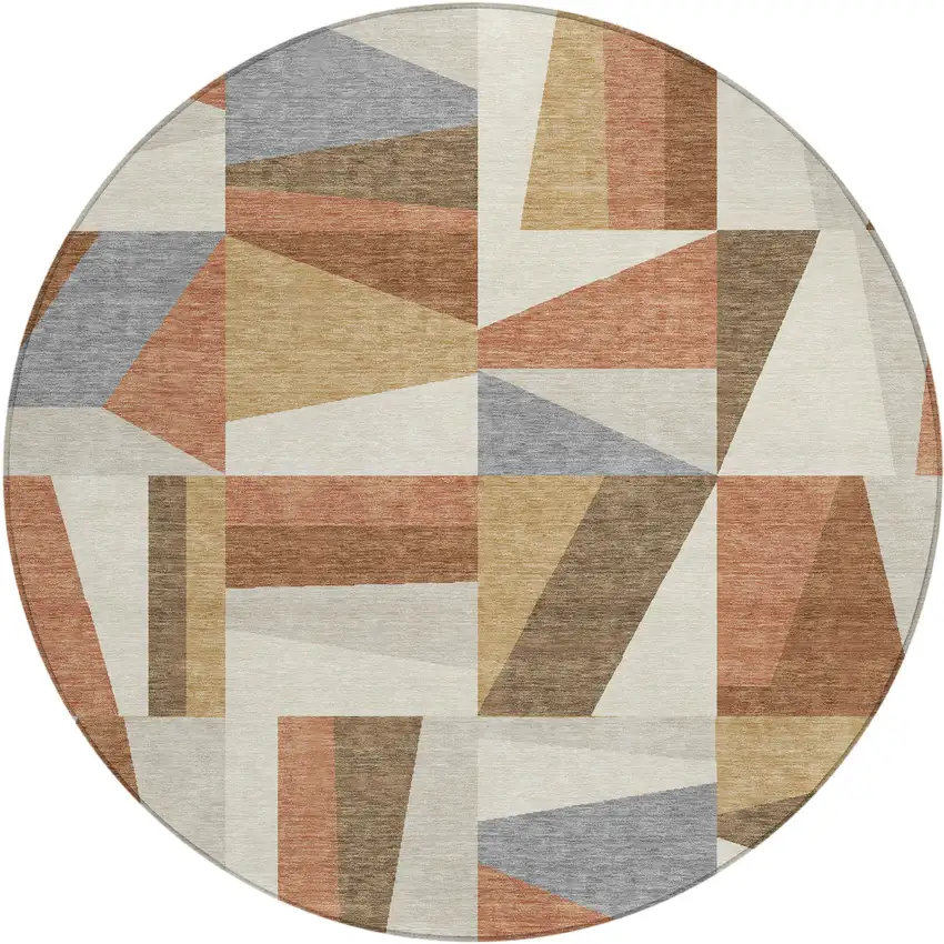 8' Chili Red Beige And Gray Round Geometric Washable Indoor Outdoor Area Rug Photo 2