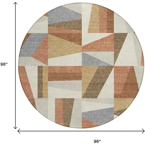 8' Chili Red Beige And Gray Round Geometric Washable Indoor Outdoor Area Rug Photo 3