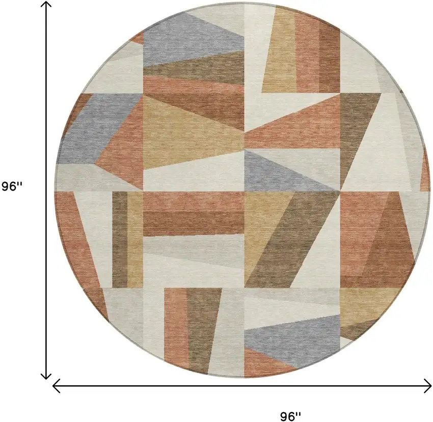 8' Chili Red Beige And Gray Round Geometric Washable Indoor Outdoor Area Rug Photo 3