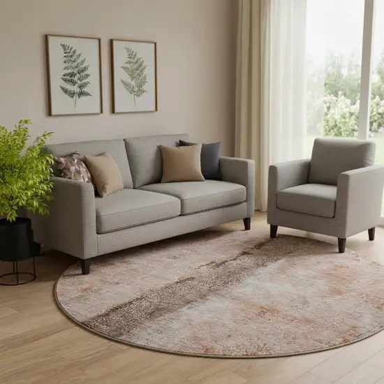 8' Chili Red Brown And Ivory Abstract Washable Round Rug With UV Protection Photo 1