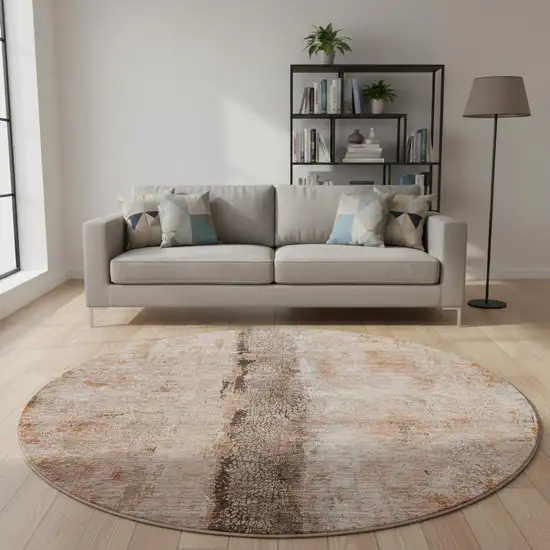 8' Chili Red Brown And Ivory Abstract Washable Round Rug With UV Protection Photo 2