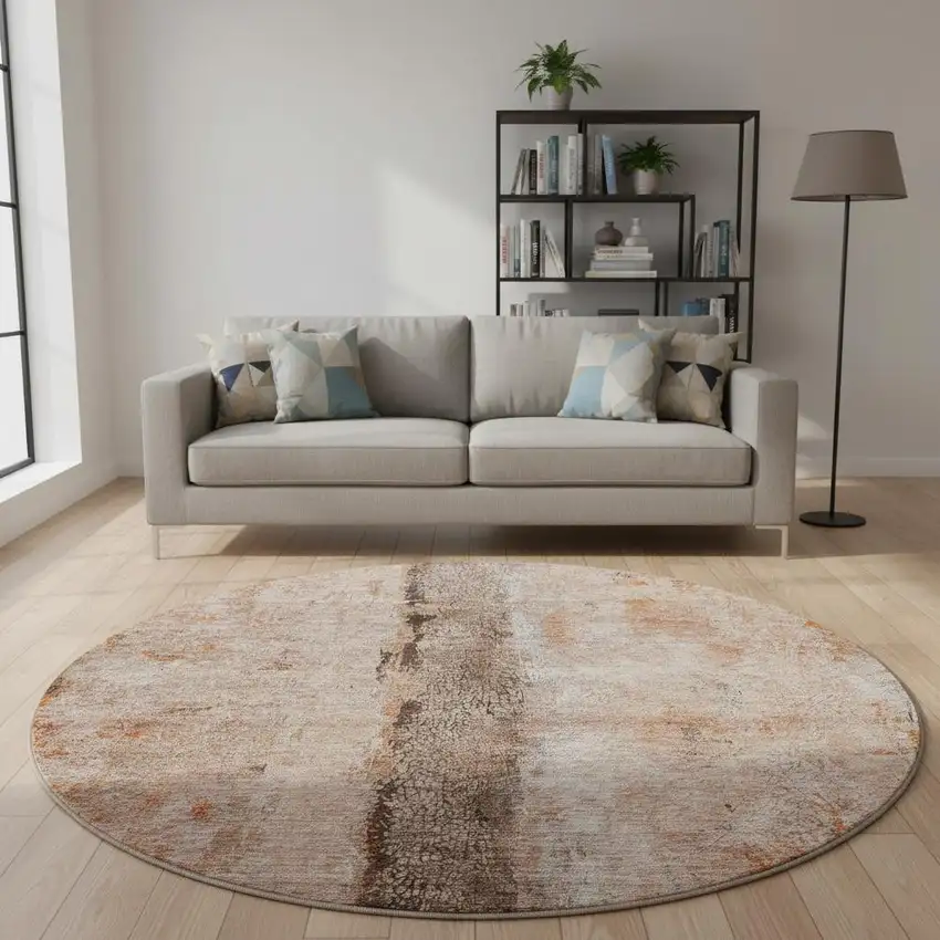 8' Chili Red Brown And Ivory Abstract Washable Round Rug With UV Protection Photo 2