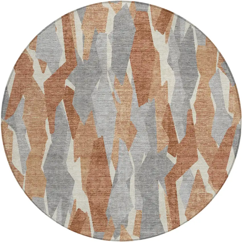 8' Chili Red Granite Gray And Ivory Round Striped Washable Indoor Outdoor Area Rug Photo 2