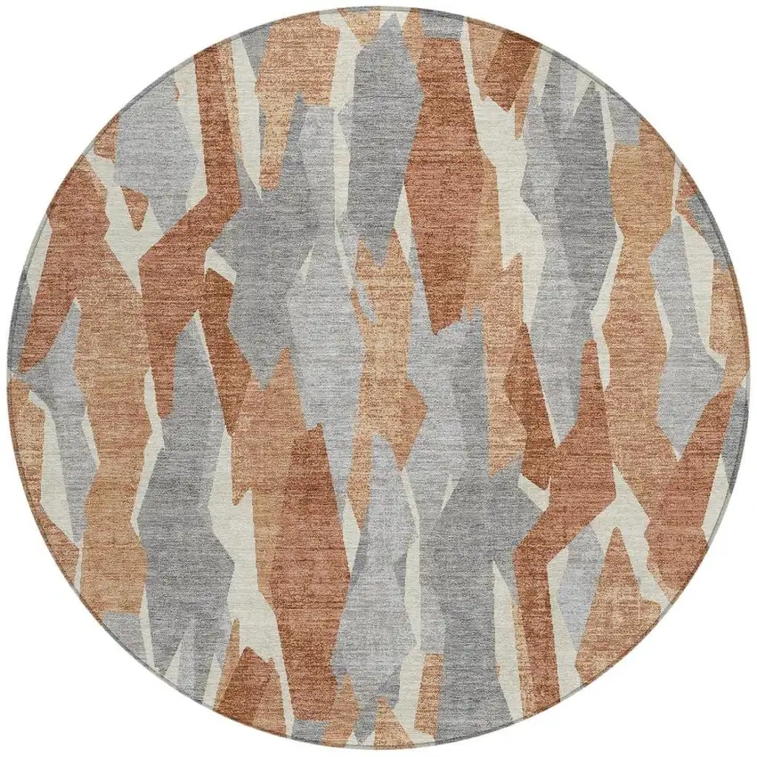 8' Chili Red Granite Gray And Ivory Round Striped Washable Indoor Outdoor Area Rug Photo 4