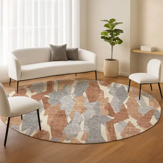 8' Chili Red Granite Gray And Ivory Round Striped Washable Indoor Outdoor Area Rug Photo 9