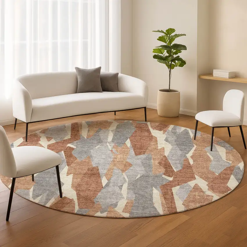 8' Chili Red Granite Gray And Ivory Round Striped Washable Indoor Outdoor Area Rug Photo 9