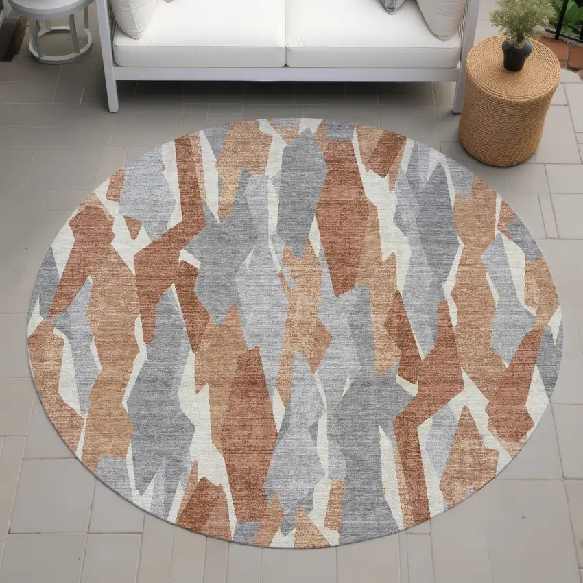 8' Chili Red Granite Gray And Ivory Round Striped Washable Indoor Outdoor Area Rug Photo 8