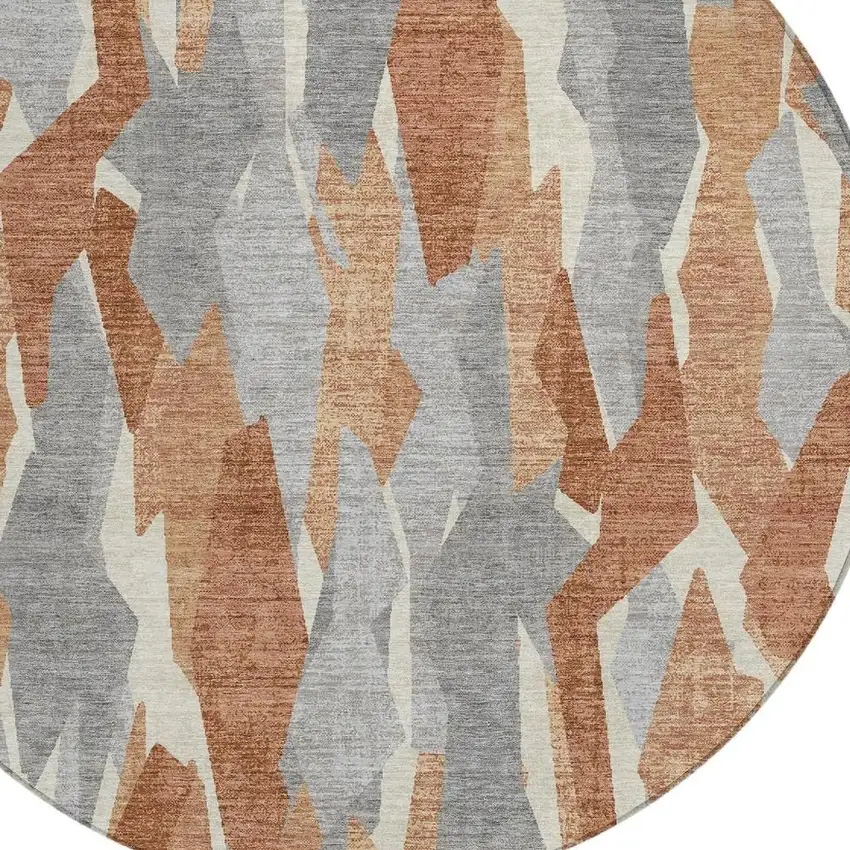 8' Chili Red Granite Gray And Ivory Round Striped Washable Indoor Outdoor Area Rug Photo 7