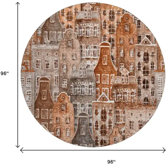 8' Chili Red Gray And Ivory Abstract Geometric Washable Round Rug With UV Protection Photo 3