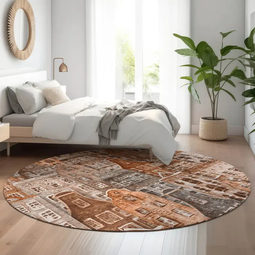 8' Chili Red Gray And Ivory Abstract Geometric Washable Round Rug With UV Protection Photo 6