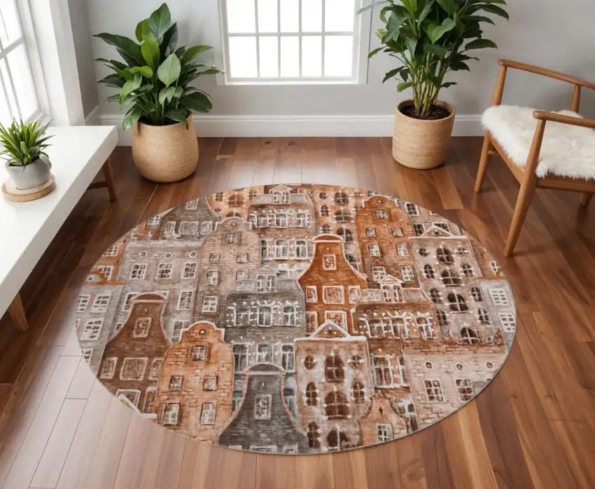 8' Chili Red Gray And Ivory Abstract Geometric Washable Round Rug With UV Protection Photo 3