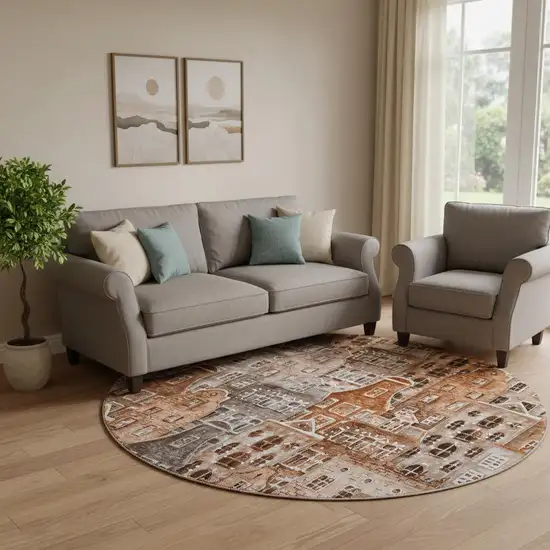 8' Chili Red Gray And Ivory Abstract Geometric Washable Round Rug With UV Protection Photo 1