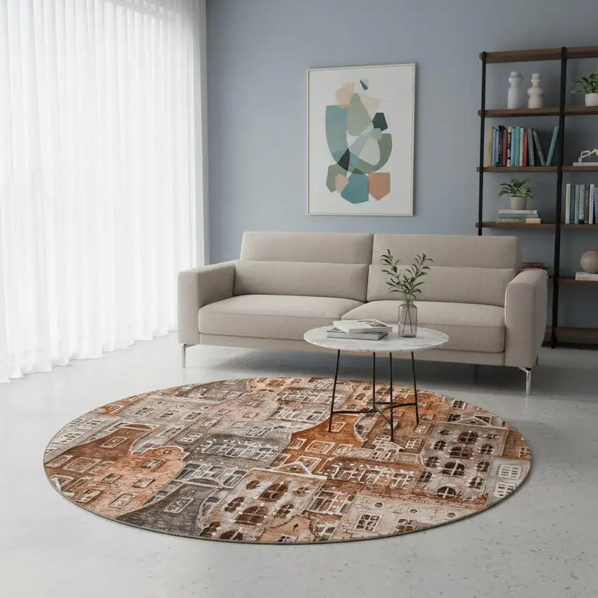 8' Chili Red Gray And Ivory Abstract Geometric Washable Round Rug With UV Protection Photo 2