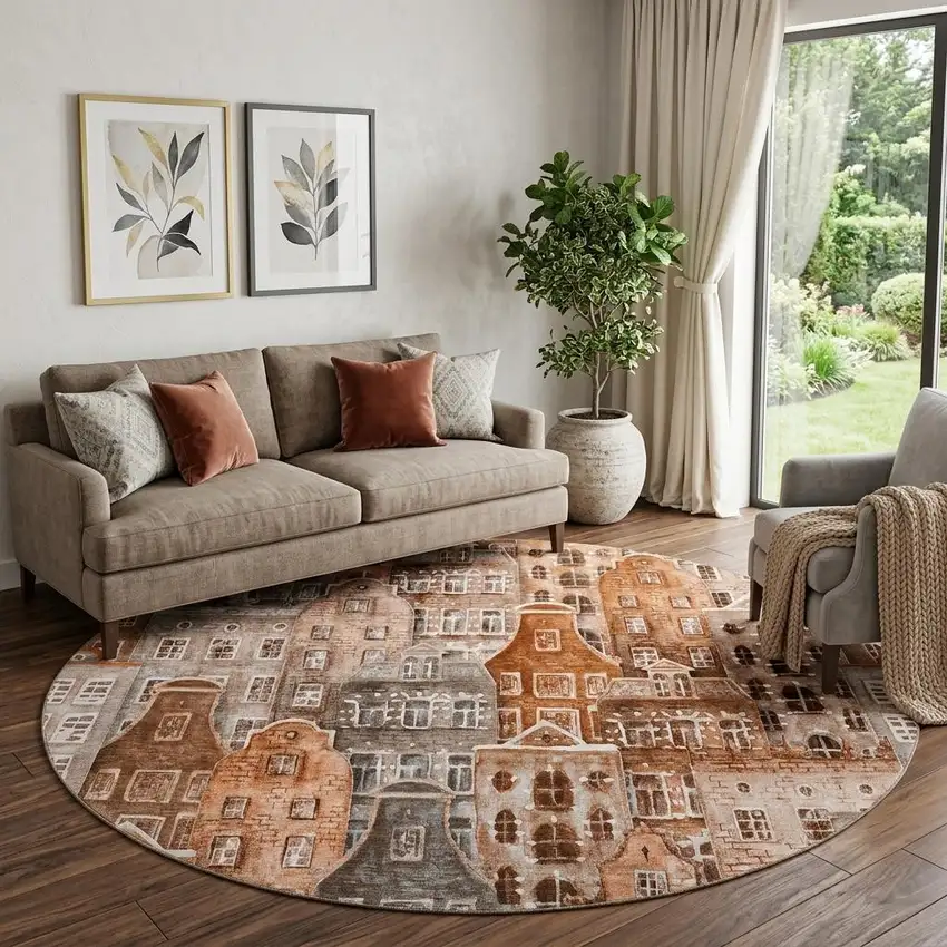 8' Chili Red Gray And Ivory Abstract Geometric Washable Round Rug With UV Protection Photo 1