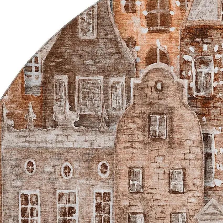 8' Chili Red Gray And Ivory Abstract Geometric Washable Round Rug With UV Protection Photo 4