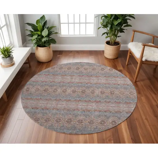 8' Chili Red Gray And Ivory Floral Medallion Washable Round Rug With UV Protection Photo 2