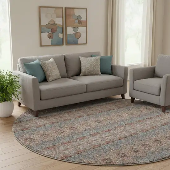 8' Chili Red Gray And Ivory Floral Medallion Washable Round Rug With UV Protection Photo 3