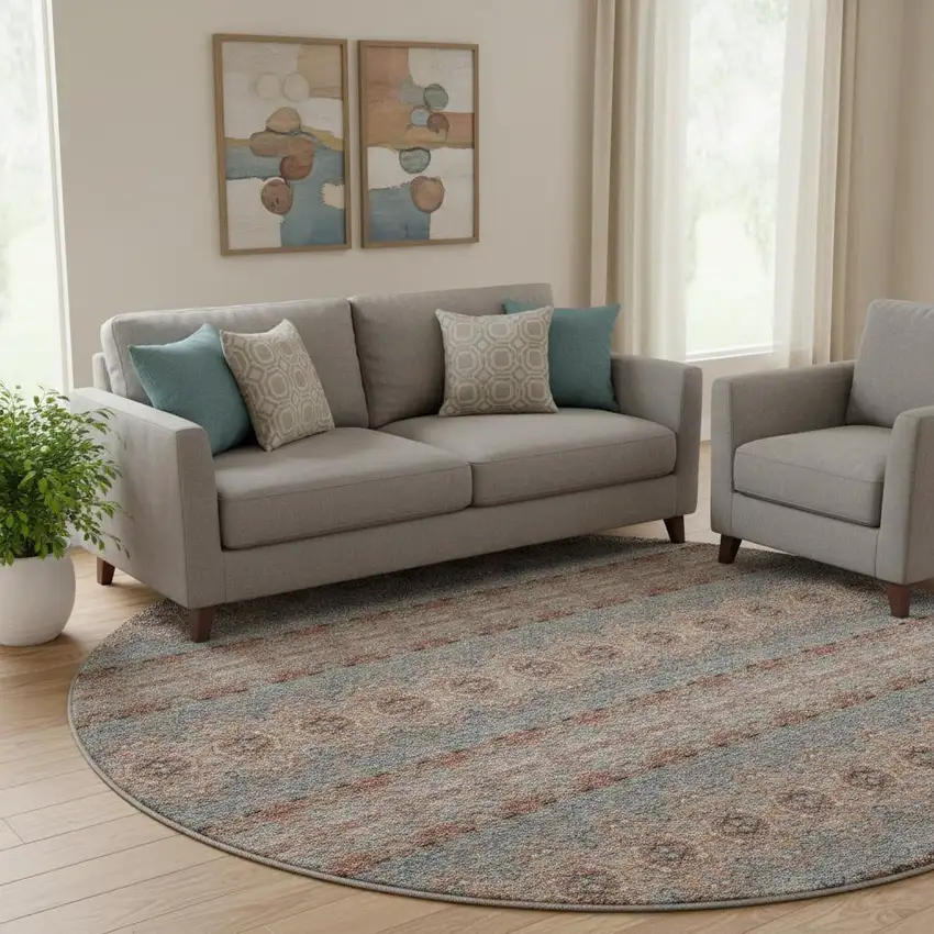 8' Chili Red Gray And Ivory Floral Medallion Washable Round Rug With UV Protection Photo 3