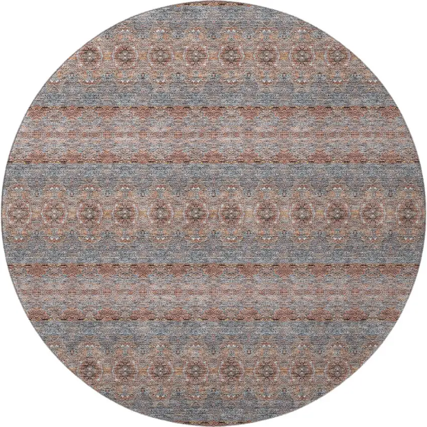 8' Chili Red Gray And Ivory Floral Medallion Washable Round Rug With UV Protection Photo 3