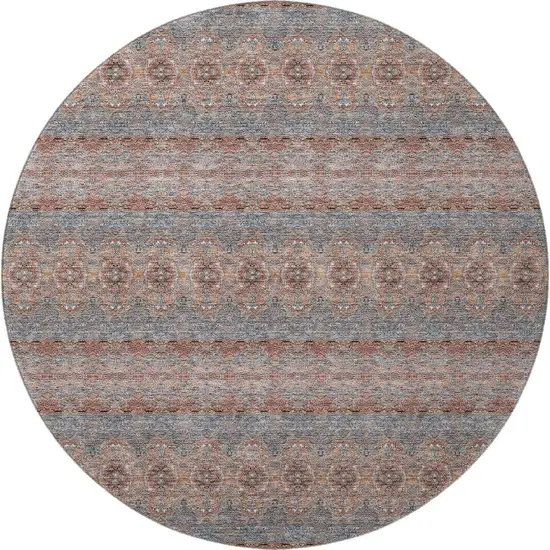 8' Chili Red Gray And Ivory Floral Medallion Washable Round Rug With UV Protection Photo 3