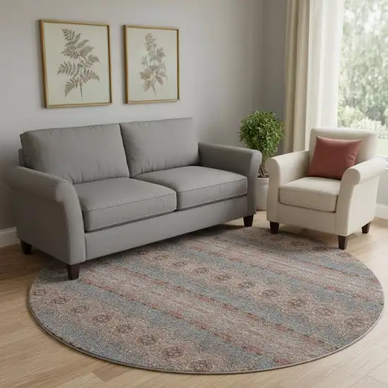 8' Chili Red Gray And Ivory Floral Medallion Washable Round Rug With UV Protection Photo 1