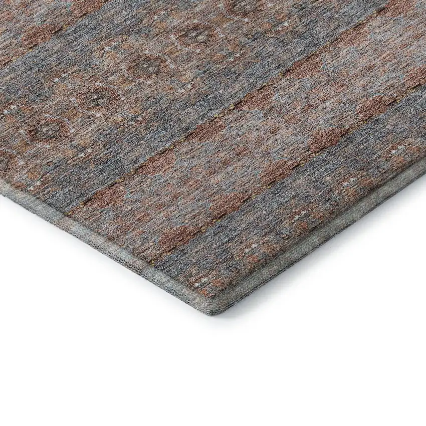 8' Chili Red Gray And Ivory Floral Medallion Washable Round Rug With UV Protection Photo 6