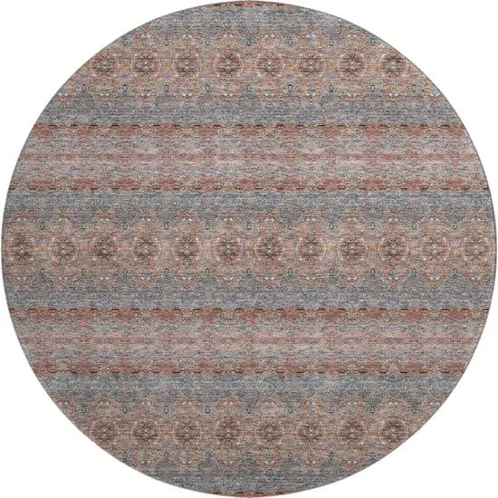 8' Chili Red Gray And Ivory Floral Medallion Washable Round Rug With UV Protection Photo 1