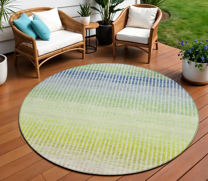 8' Chili Red Green And Blue Round Striped Washable Indoor Outdoor Area Rug Photo 1