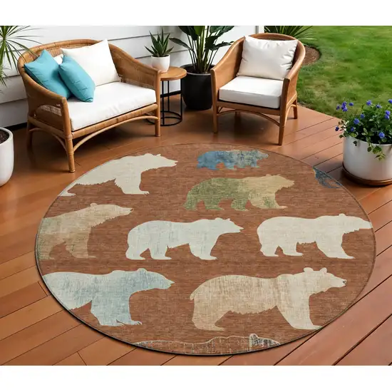 8' Chili Red Ivory And Beige Round Animal Print Washable Indoor Outdoor Area Rug Photo 1