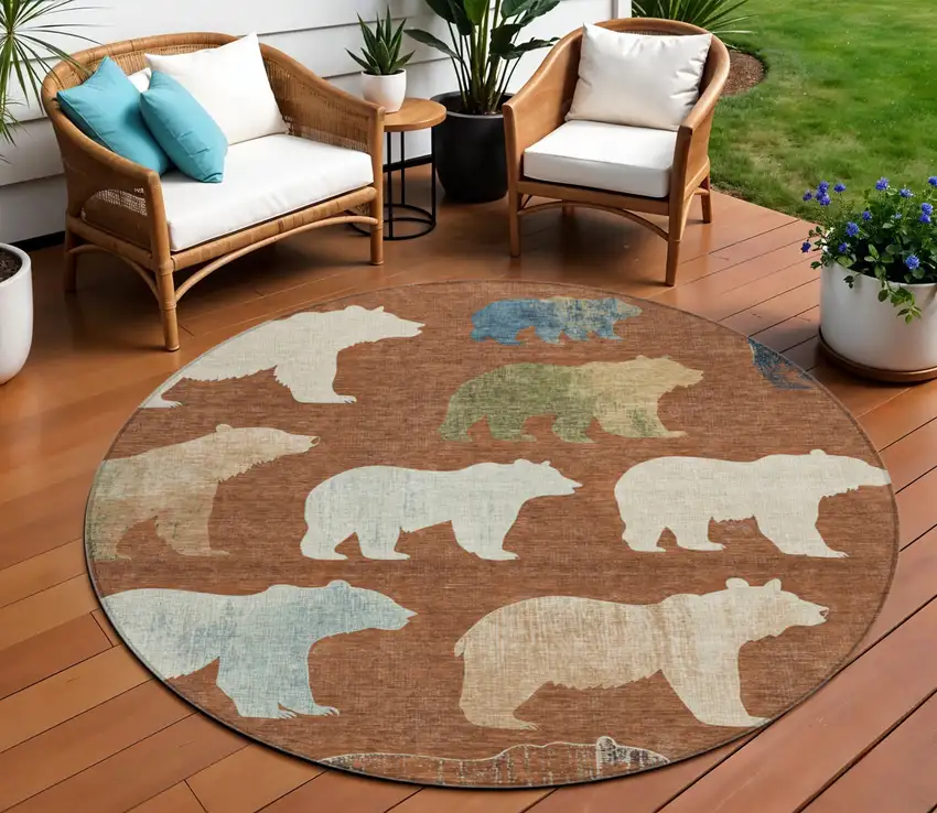 8' Chili Red Ivory And Beige Round Animal Print Washable Indoor Outdoor Area Rug Photo 1