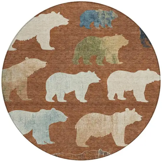 8' Chili Red Ivory And Beige Round Animal Print Washable Indoor Outdoor Area Rug Photo 4