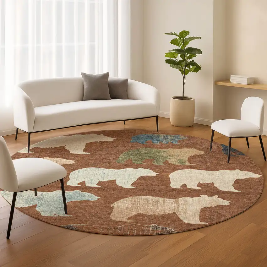 8' Chili Red Ivory And Beige Round Animal Print Washable Indoor Outdoor Area Rug Photo 9