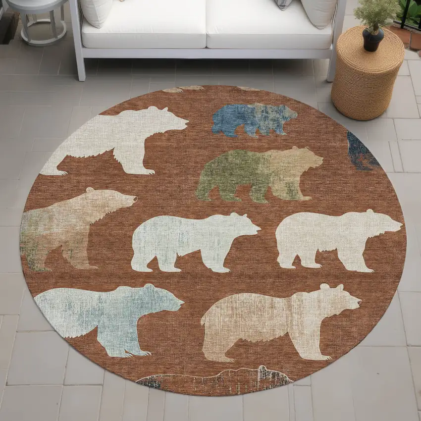 8' Chili Red Ivory And Beige Round Animal Print Washable Indoor Outdoor Area Rug Photo 8